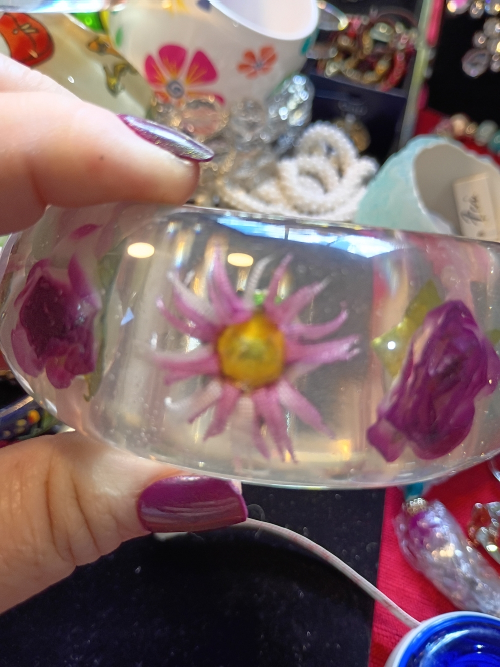 Clear Resin Flower Bangle Bracelet - Purple Floral Design